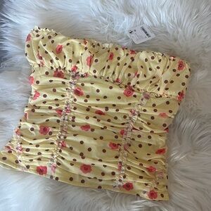 Free People Yellow Floral Polka Dot Ruched Tube Top, XS